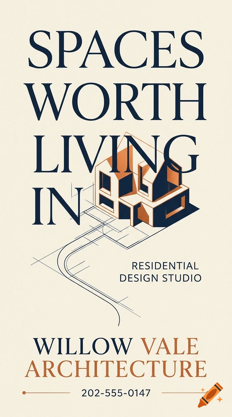 An architectural design poster featuring a sketch of a modern house, technical lines, and dark blue and copper lettering on a cream background.