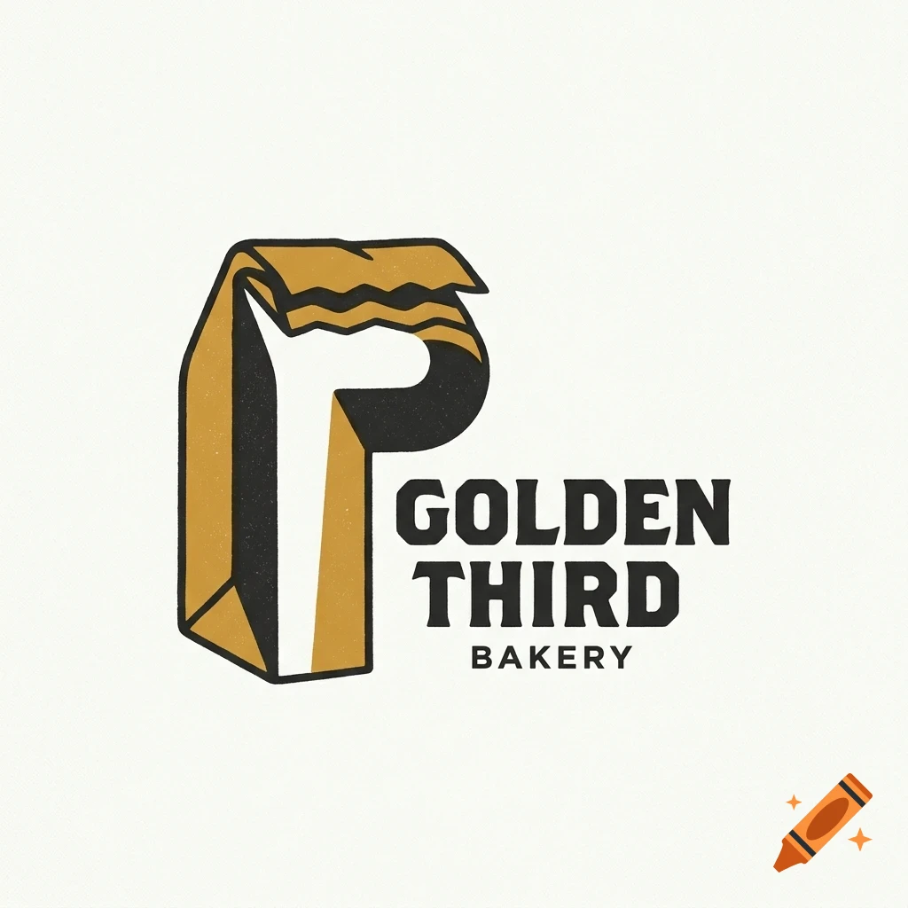 A logo for Golden Third Bakery featuring a stylized paper bag forming the letter P alongside bold text.