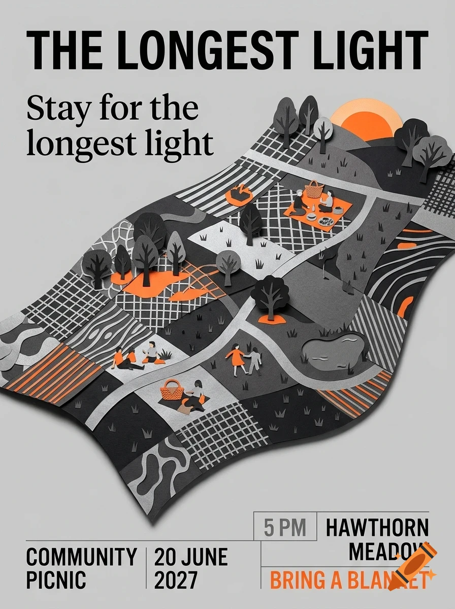 A poster for a community picnic featuring a papercraft style map illustration with people picnicking, trees, and text reading The Longest Light.