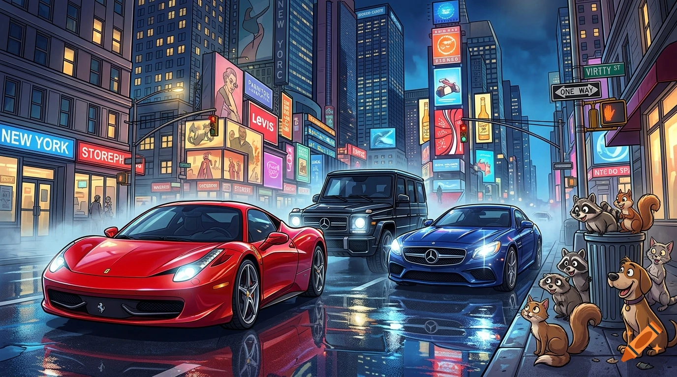 Cartoon illustration of expensive sports cars and a geländewagen on a wet New York street at night, surrounded by cute animals.