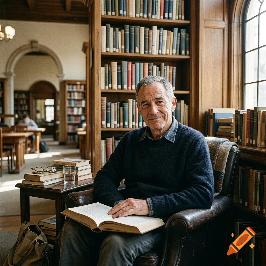 An elderly man sitting in a leather armchair in a library, holding an open book.