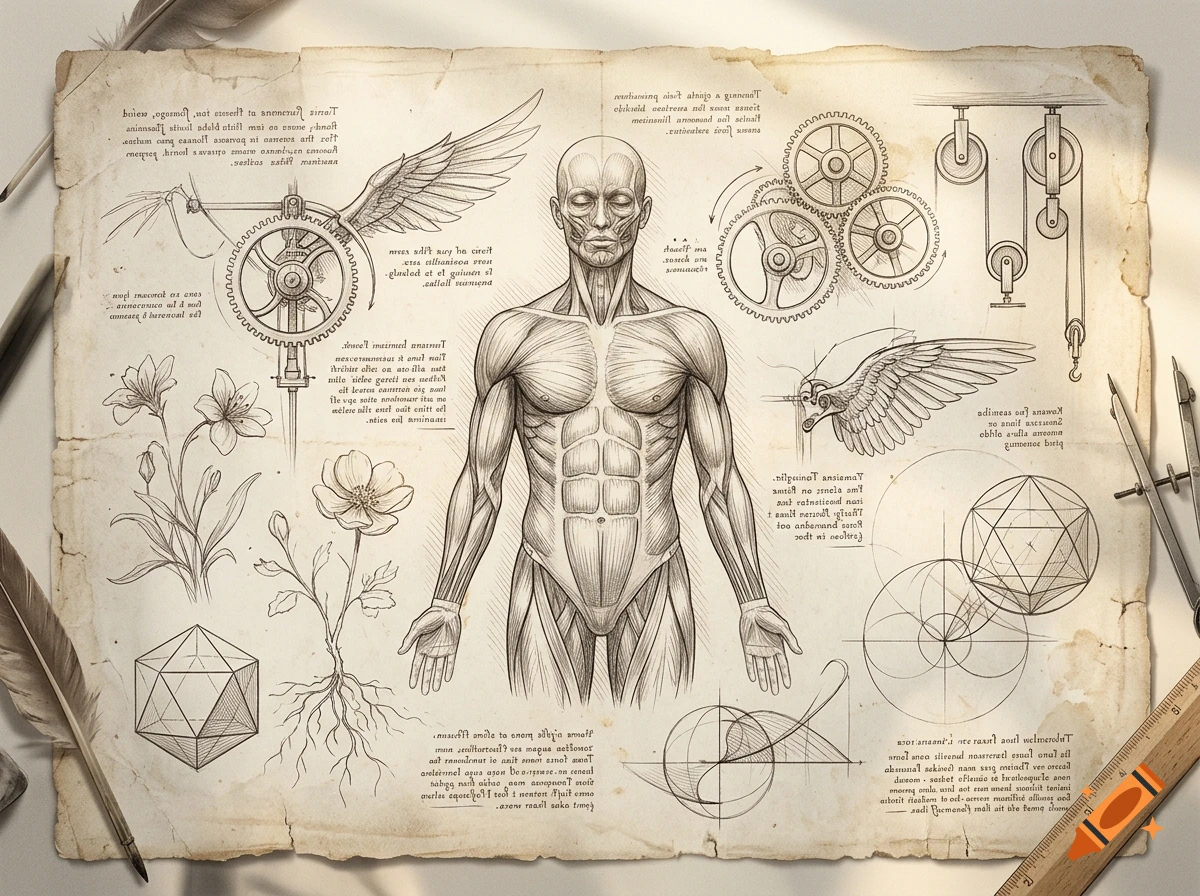 Anatomical sketch in the style of Leonardo da Vinci, featuring a human figure, mechanical gears, botanical drawings, and mathematical diagrams.