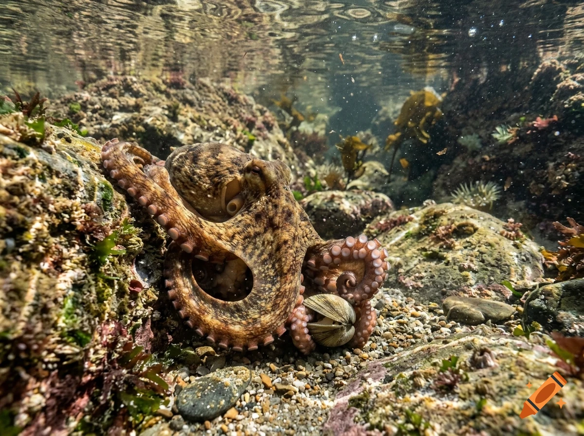 An octopus resting on a rocky seabed in shallow water.