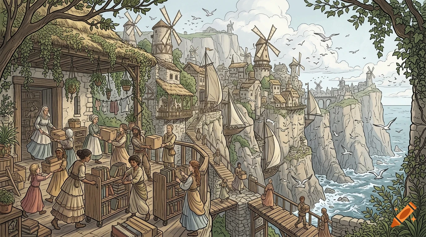 An illustrated coastal town built on cliffs with people carrying books and boxes along wooden boardwalks and stone steps near the sea.