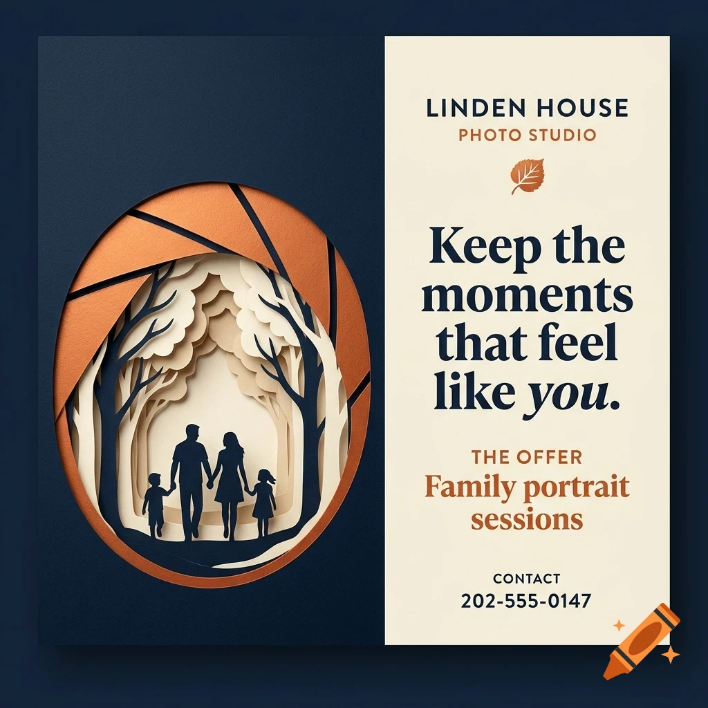 An advertisement for Linden House Photo Studio showing a layered papercut design of a family walking through a forest.