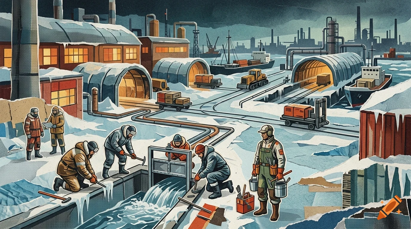 An industrial arctic facility with workers in winter gear managing icy waterways, heavy machinery, cargo ships, and snow-covered buildings.