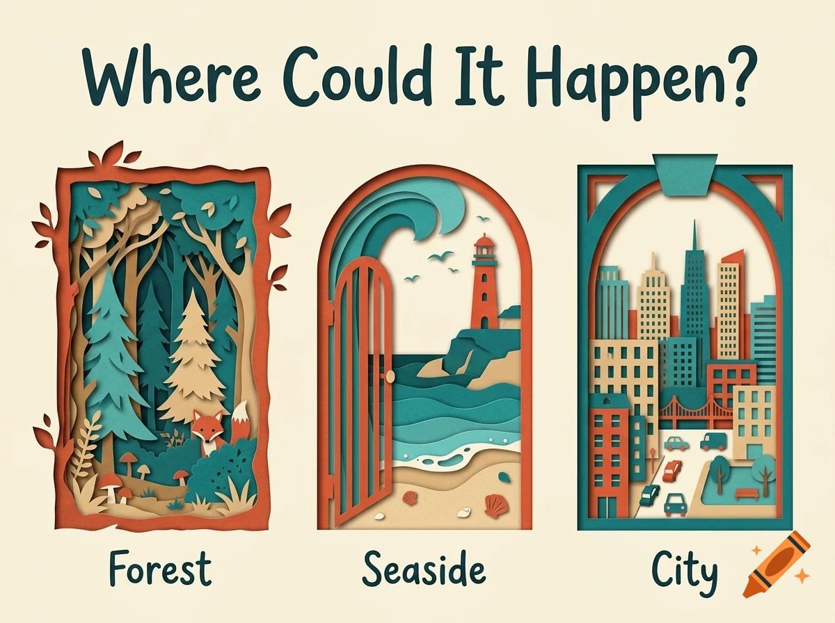 An illustrated image with the heading Where Could It Happen? showing three layered paper-cut style panels depicting a forest, a seaside, and a city.
