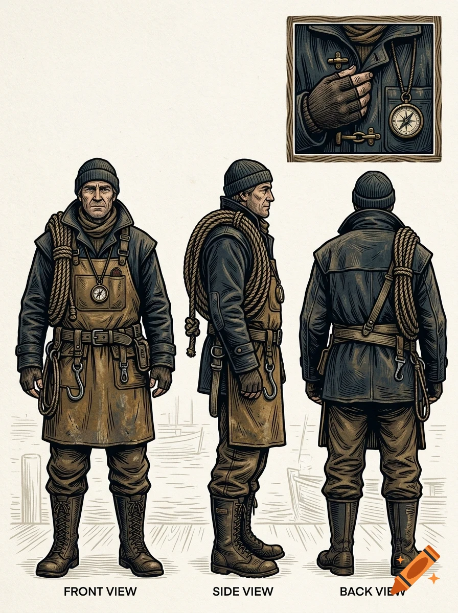 Character design sheet showing front, side, and back views of a sailor wearing a beanie, heavy coat, apron, and coiled rope over his shoulder.