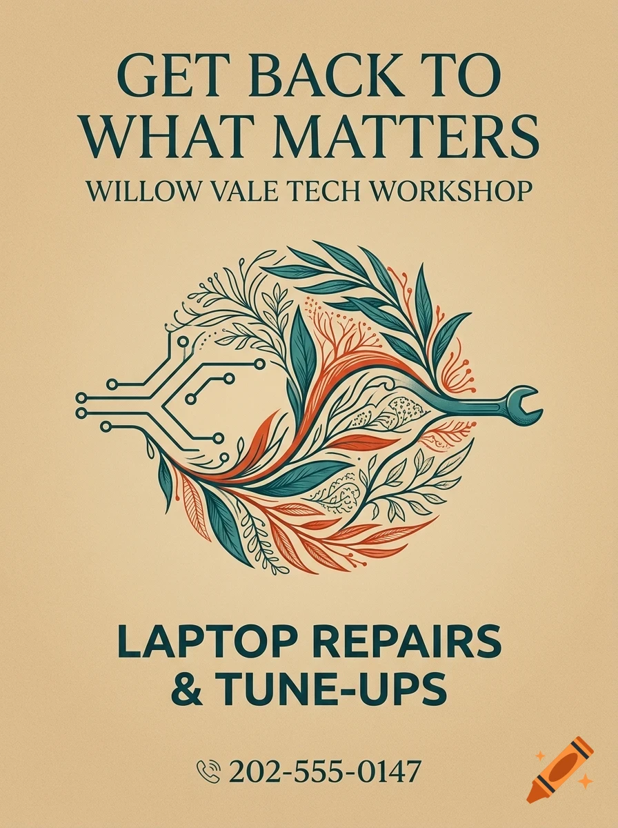 A poster for Willow Vale Tech Workshop with text GET BACK TO WHAT MATTERS and an illustration combining circuit board traces, leaves, and a wrench.