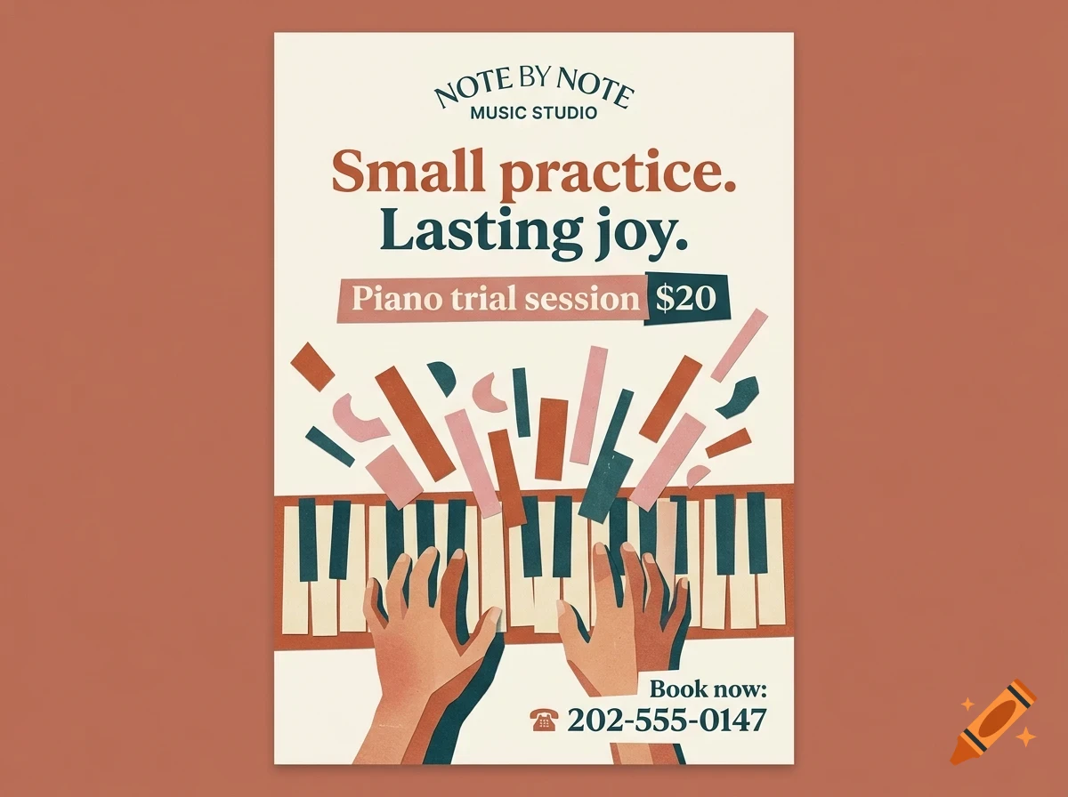 An illustrated poster for Note by Note Music Studio featuring hands playing a piano keyboard with abstract floating shapes and text.