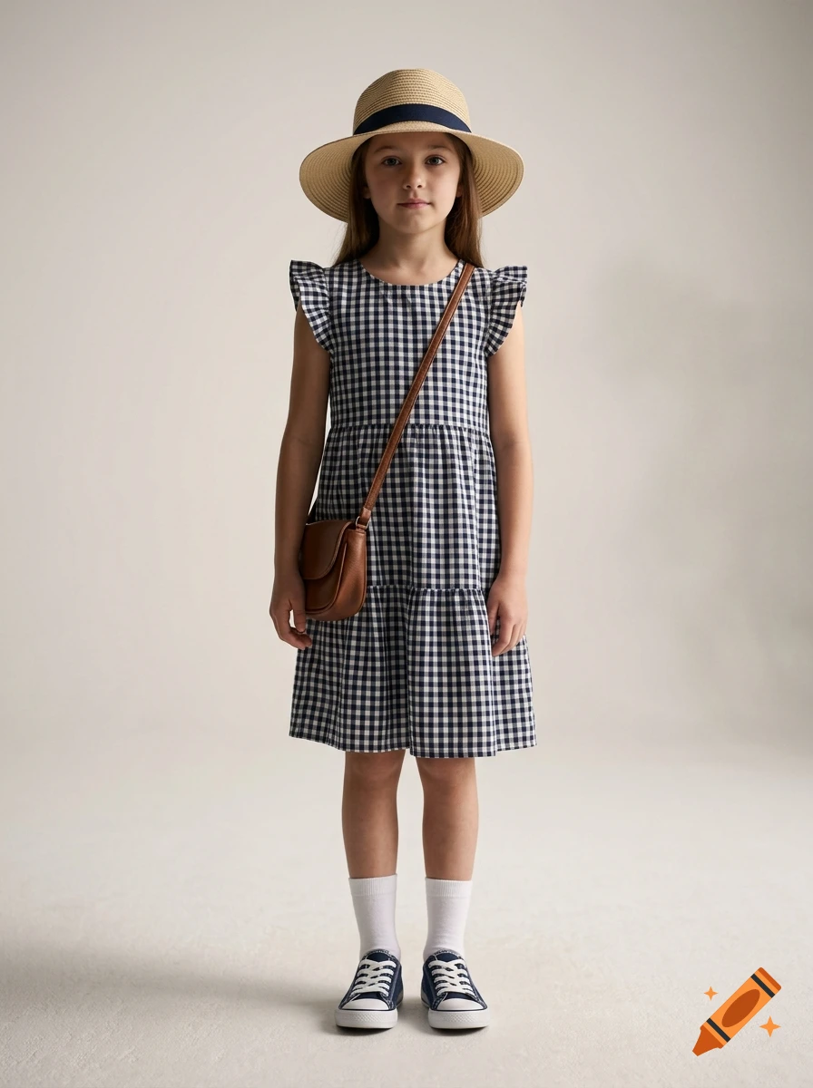 Photorealistic full-body shot of an 8-year-old girl in a gingham dress, straw hat, and sneakers against a neutral background.