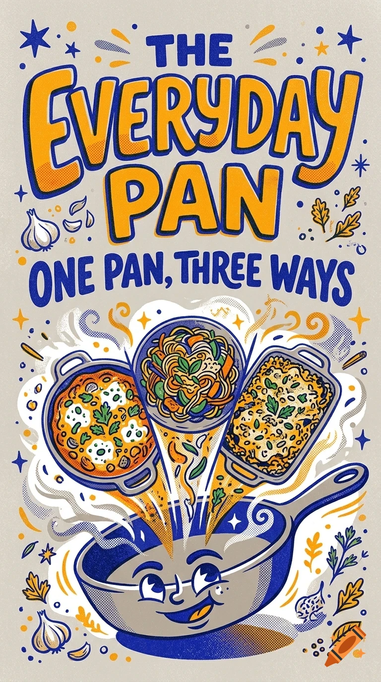 An illustration with bold lettering reading 'The Everyday Pan: One Pan, Three Ways' featuring a smiling pan with three dishes coming out of it.