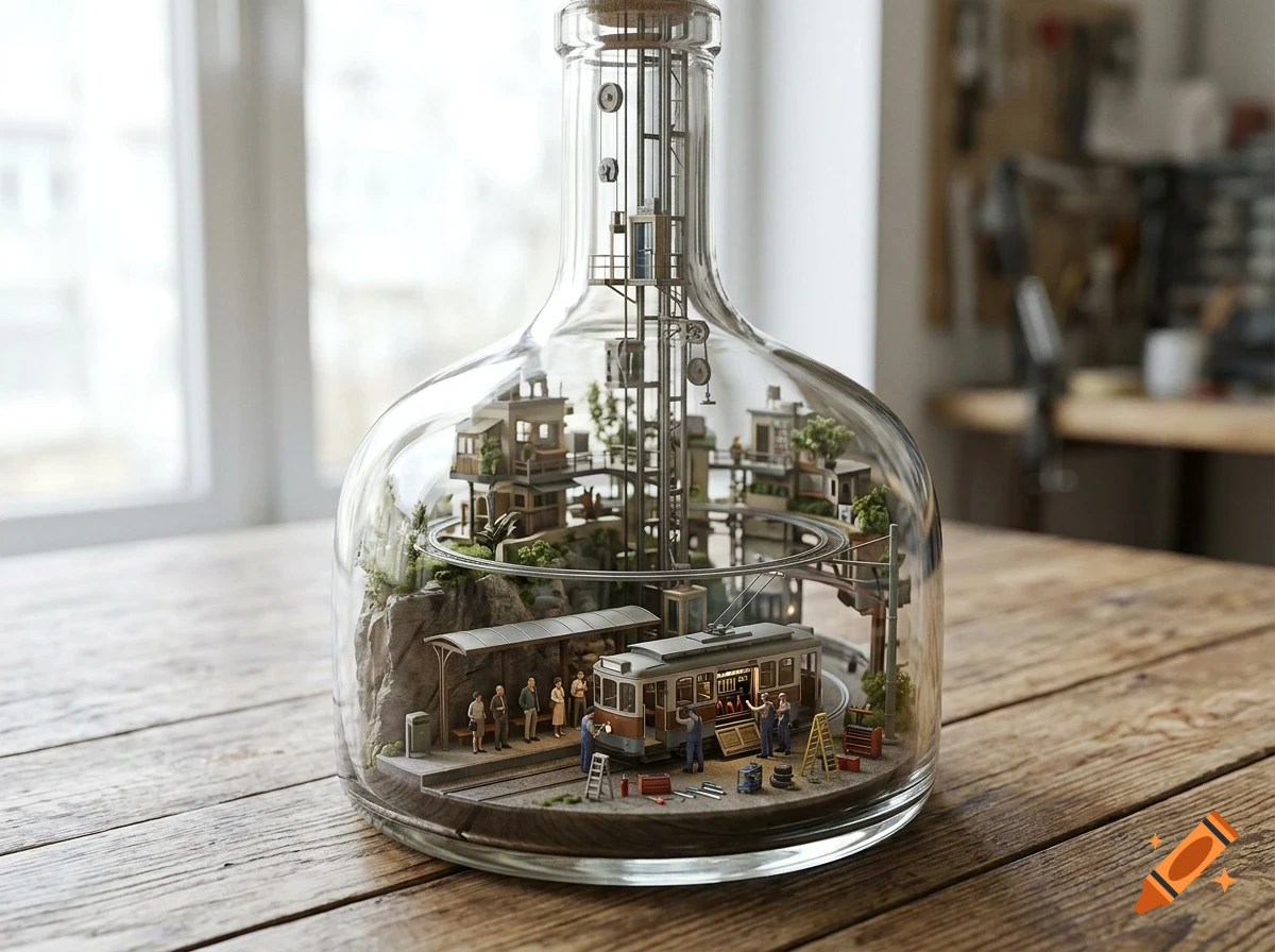 A detailed miniature diorama of a city scene with a tram and buildings enclosed inside a large glass bottle on a wooden table.