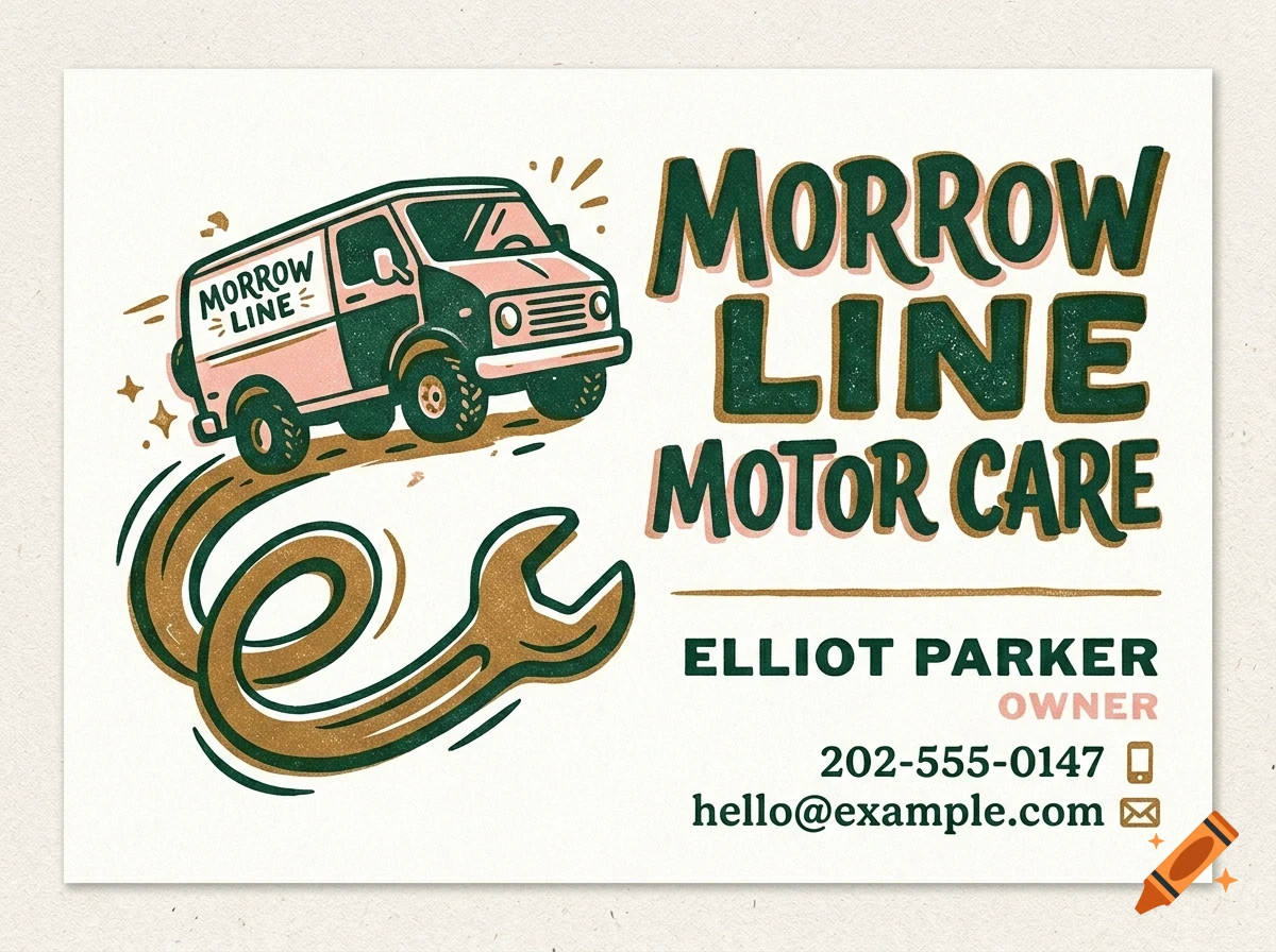 A business card design for Morrow Line Motor Care featuring an illustration of a van and a wrench with text.