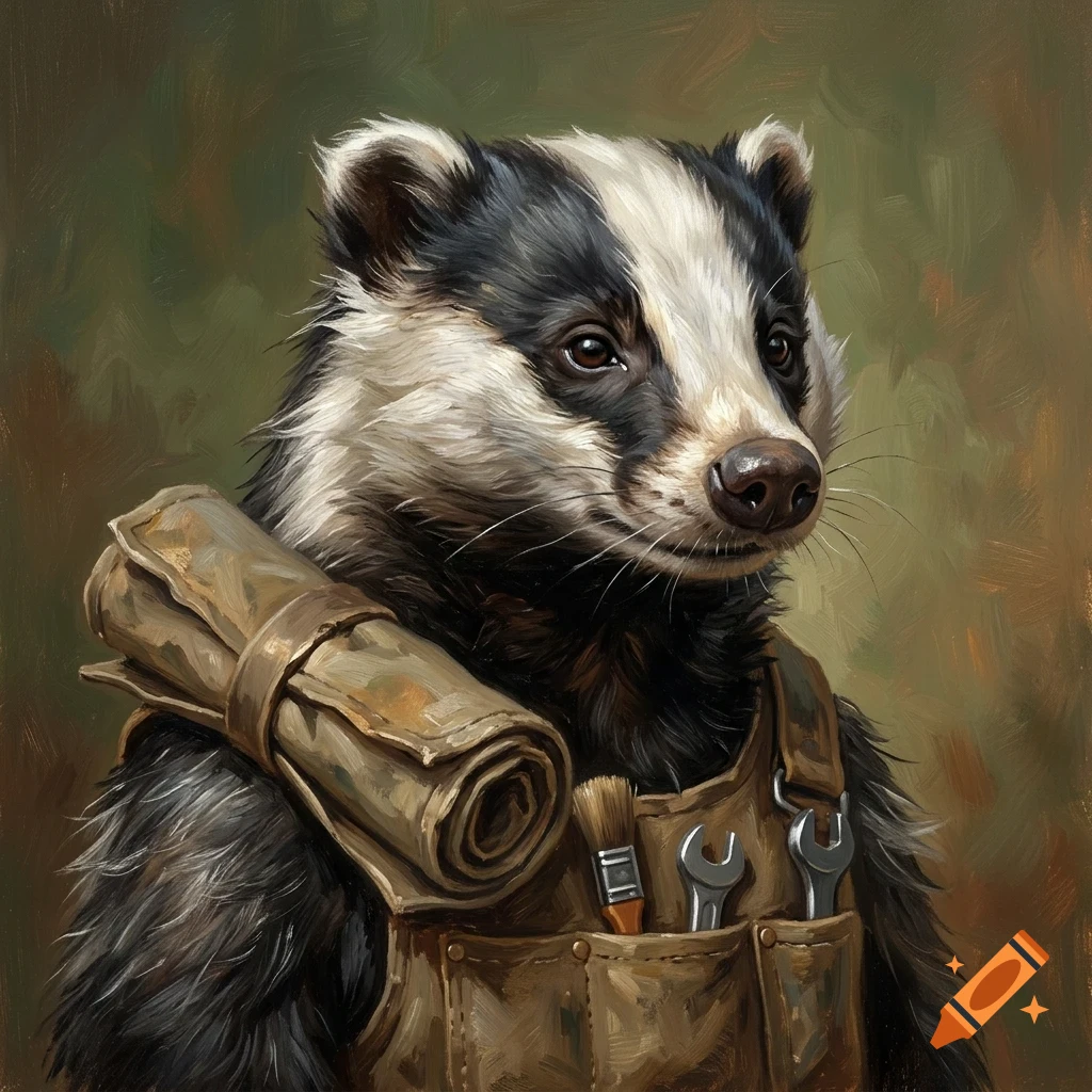 An oil painting of a badger wearing a tool belt with a paintbrush and wrenches, and carrying a rolled canvas.