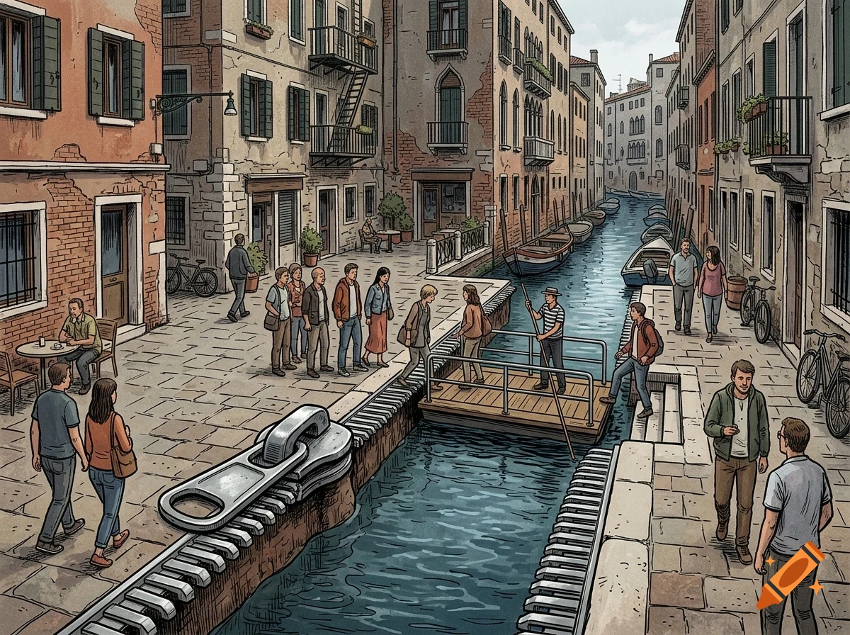 An illustrated surreal scene of a Venetian canal where the stone banks are partially zipped open by a giant metal zipper.