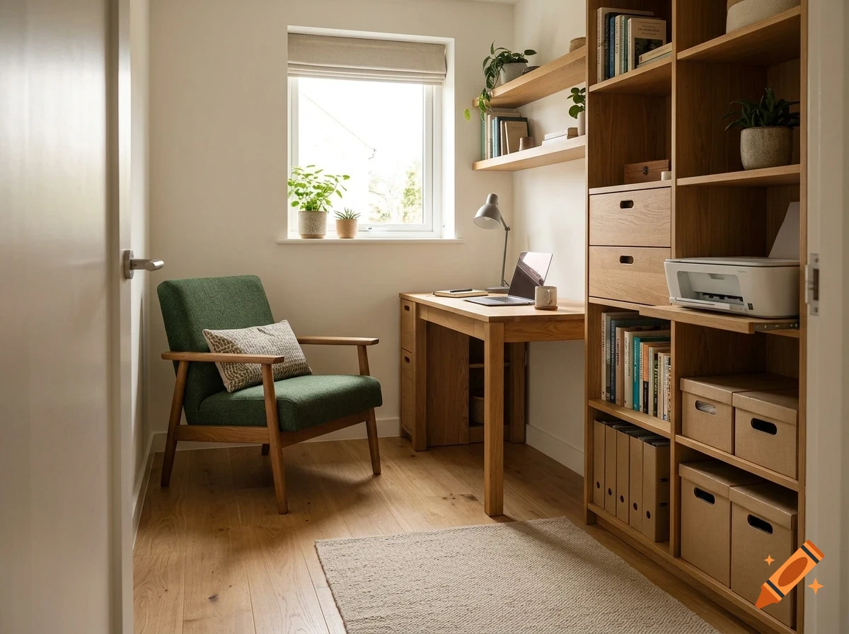 A cozy home office with wooden furniture, a green armchair, a desk with a laptop, and a large bookshelf filled with books and plants.