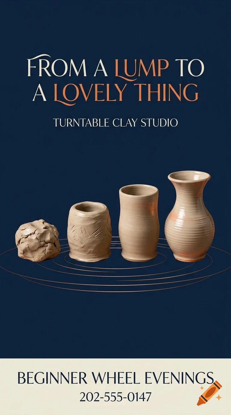A poster showing the progression of pottery making from a lump of clay to a finished vase, with text 'From a lump to a lovely thing'.