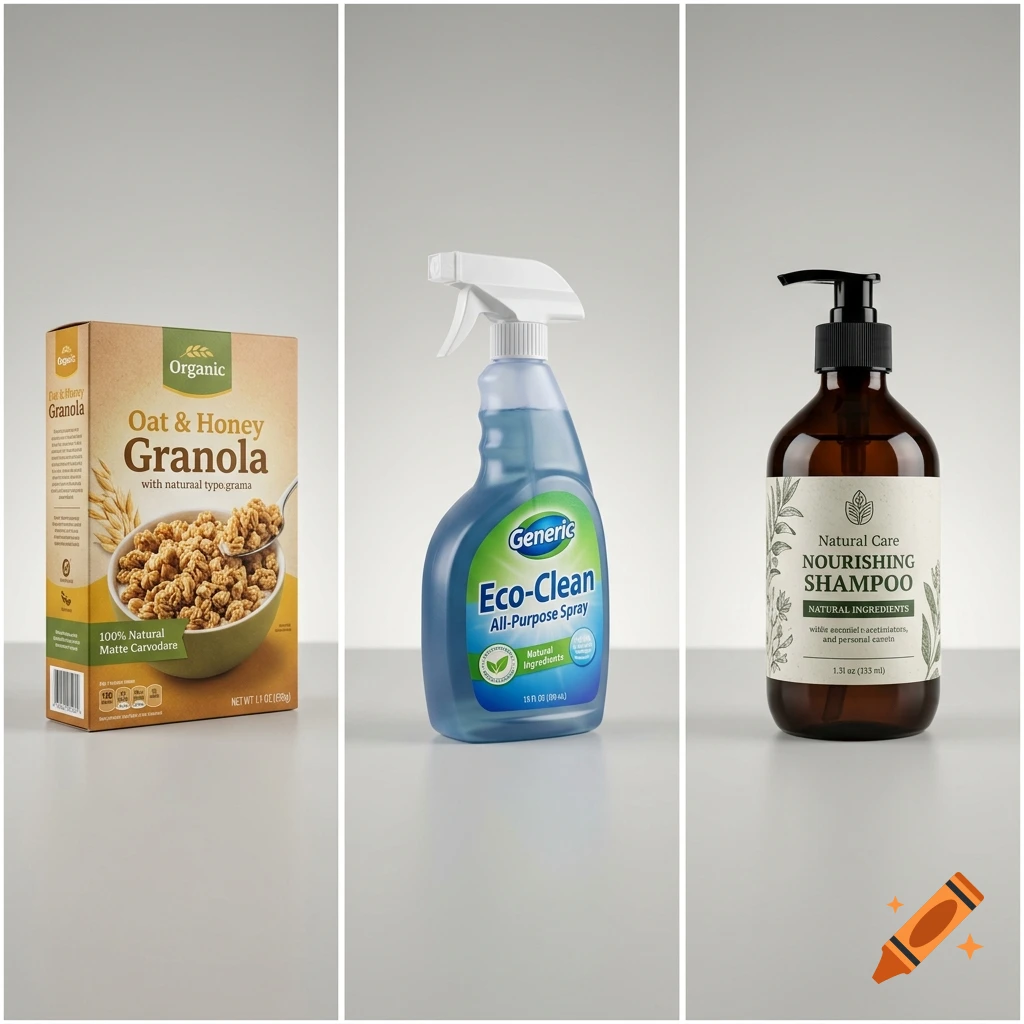 Three photorealistic product packages of granola, all-purpose cleaner, and shampoo displayed side by side.