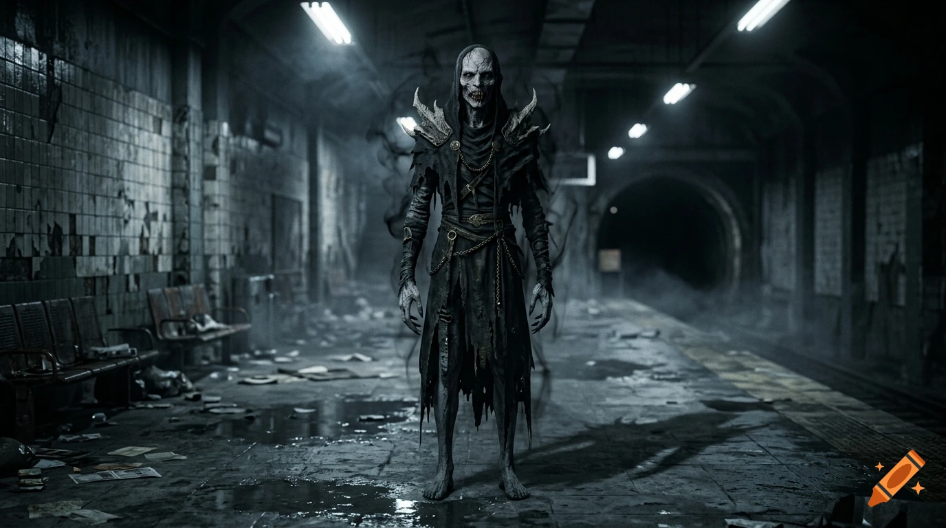 A terrifying humanoid monster with pale skin and dark tattered robes standing in a dark, debris-filled subway station corridor.