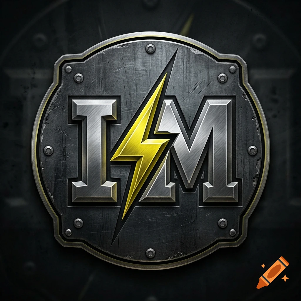 Metallic circular badge with rivets, featuring the letters I and M separated by a yellow lightning bolt.