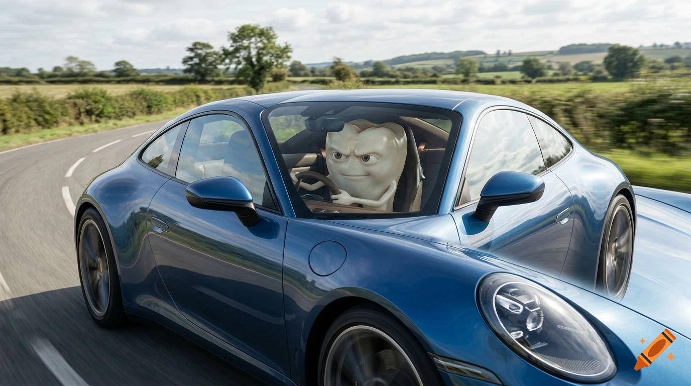 A photorealistic image of a molar tooth with an angry expression driving a blue sports car on a country road.