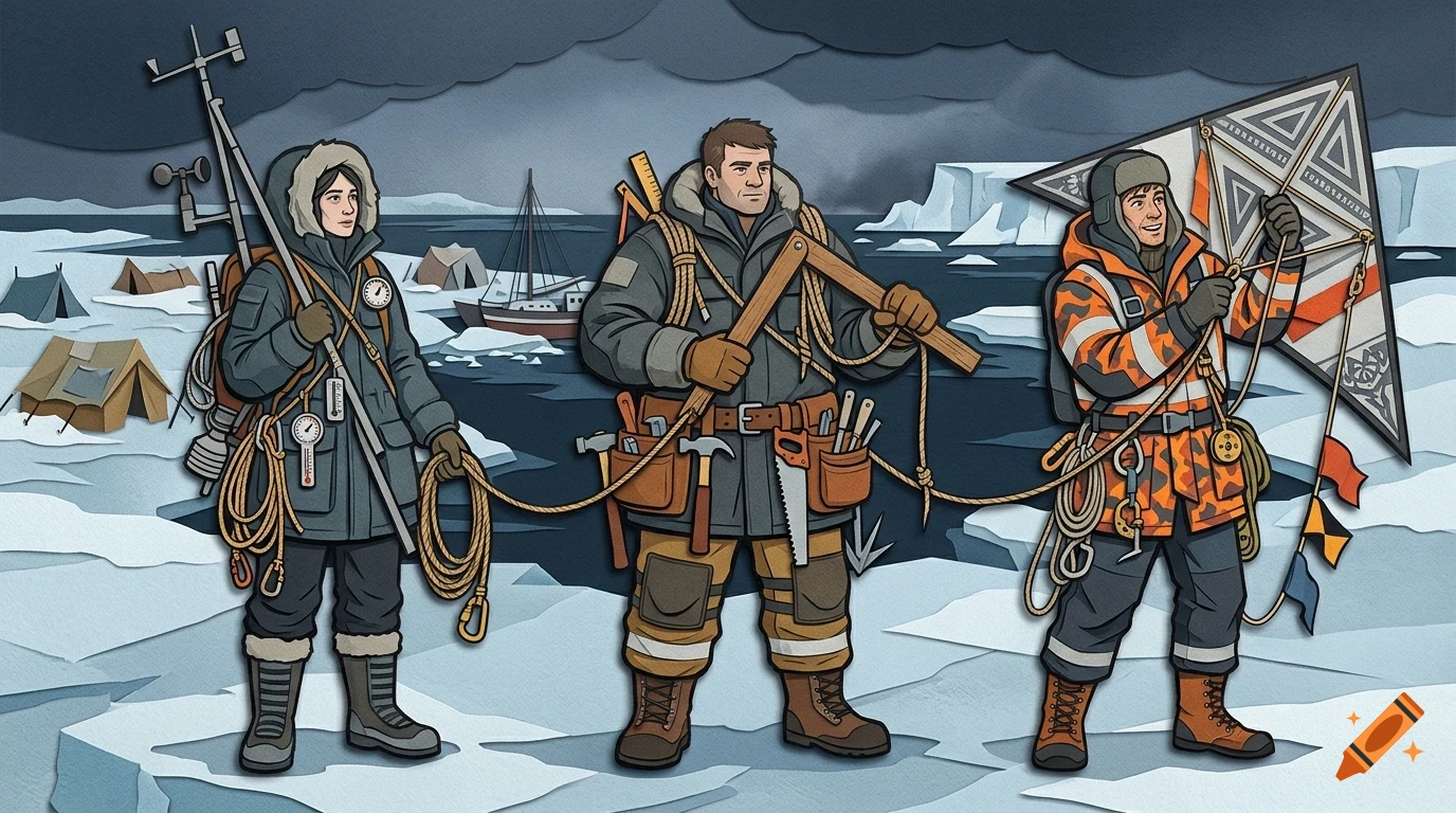 Three arctic explorers in heavy winter gear carrying equipment in a snowy polar landscape with tents, icebergs, and a boat in the background.