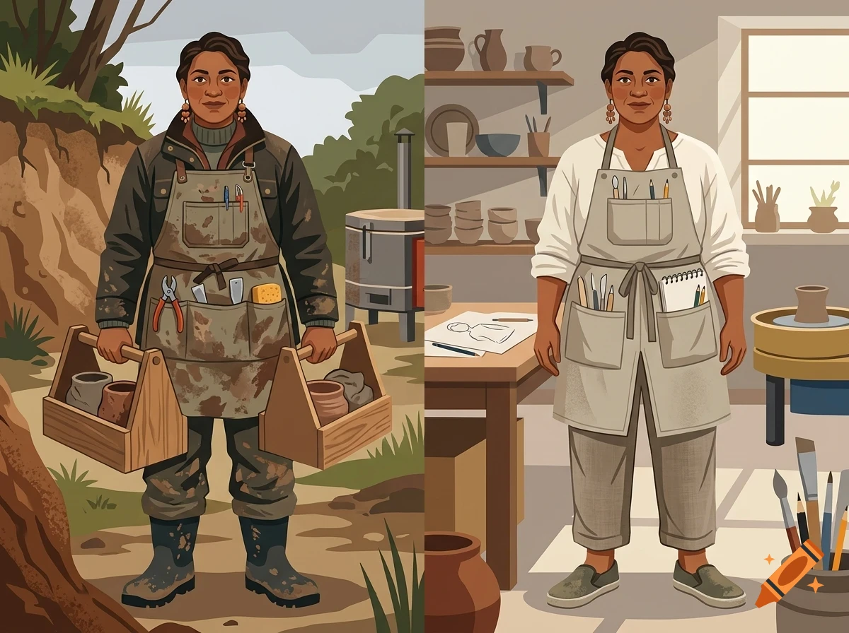 Split-screen illustration comparing a person gathering clay outdoors on the left with the same person working in a pottery studio on the right.