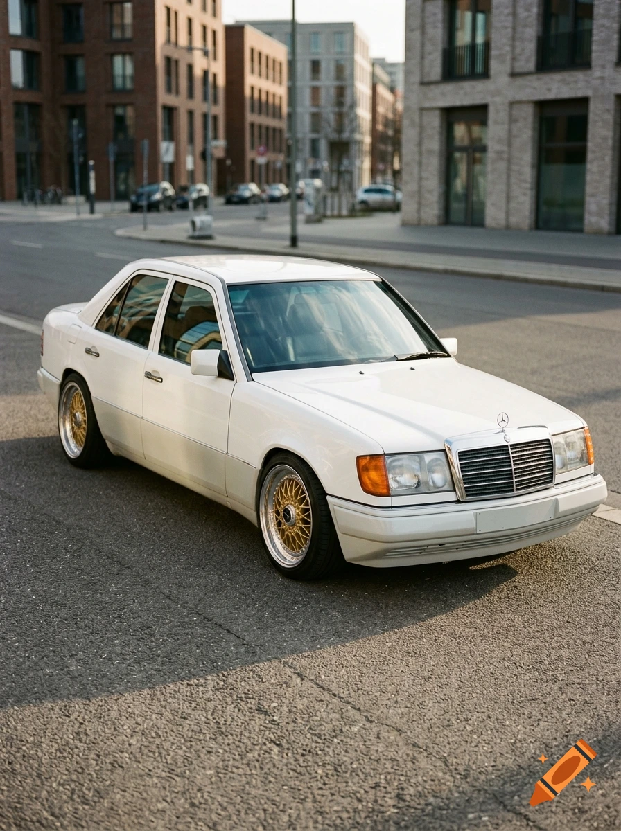 Photorealistic image of a white Mercedes-Benz W124 sedan with gold rim wheels parked on an urban street.
