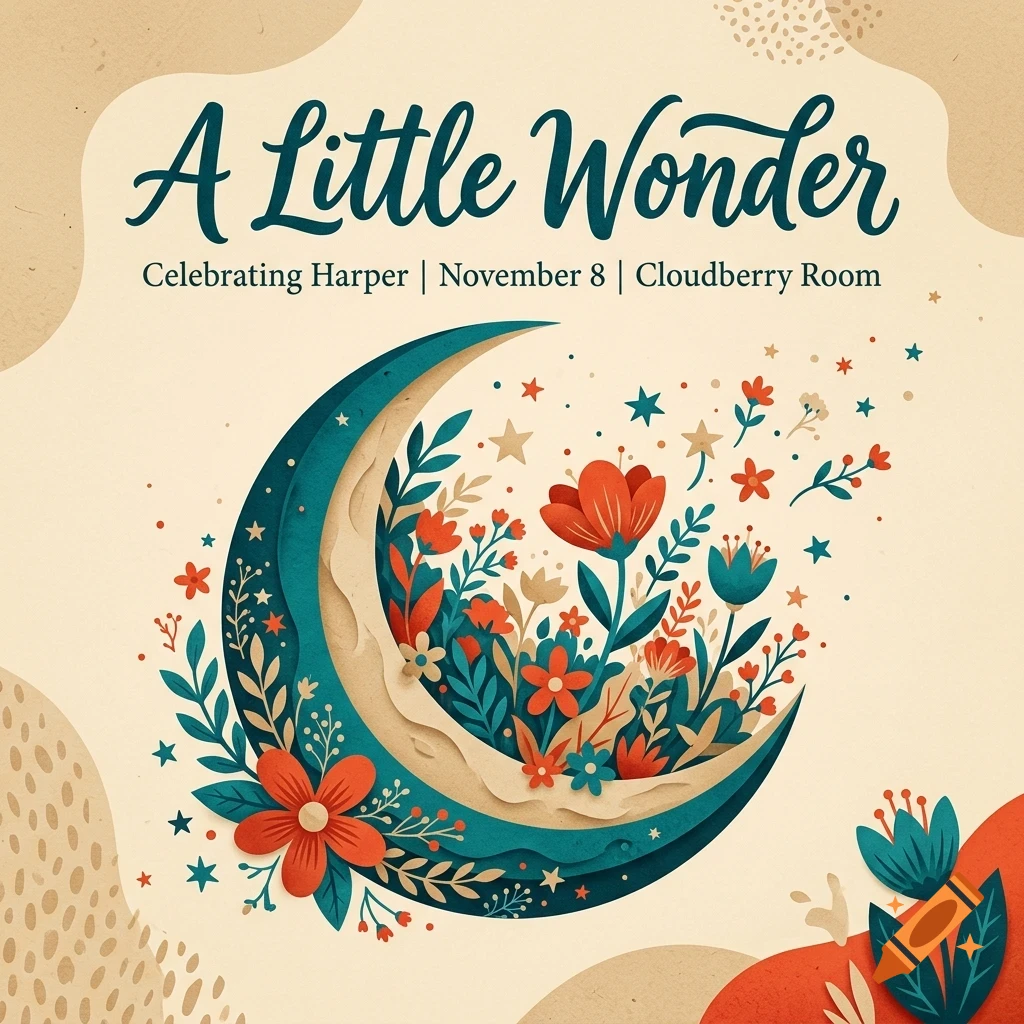 An illustrated graphic with a crescent moon cradling red and blue flowers, surrounded by stars and the text 'A Little Wonder' and 'Celebrating Harper | November 8 | Cloudberry Room'.