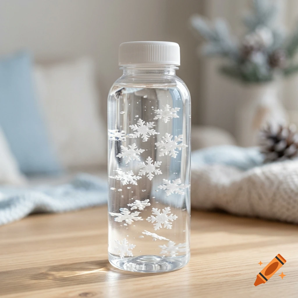 A clear plastic sensory bottle filled with water and white snowflake cutouts, sitting on a wooden table with a blurred living room background.