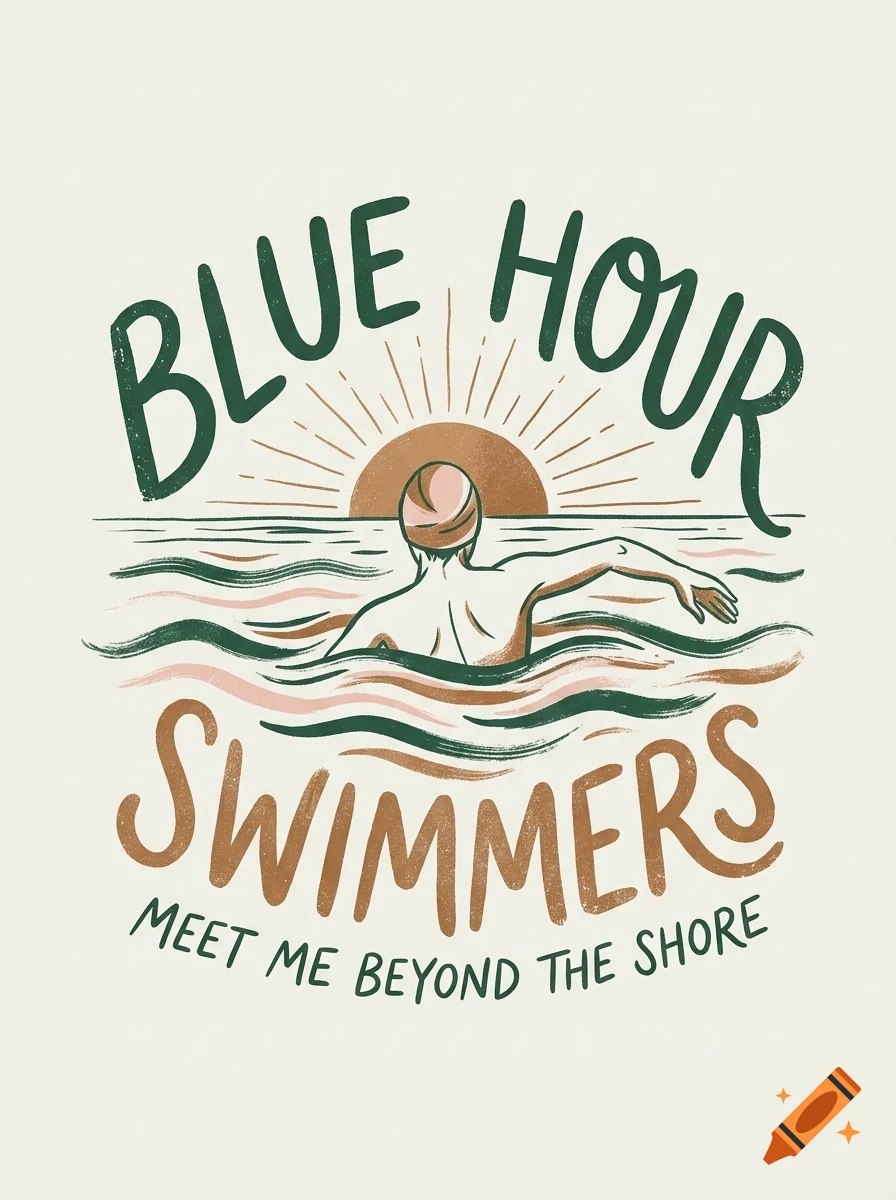 An illustrated poster featuring a person swimming in the ocean at sunset with the text BLUE HOUR SWIMMERS and MEET ME BEYOND THE SHORE.