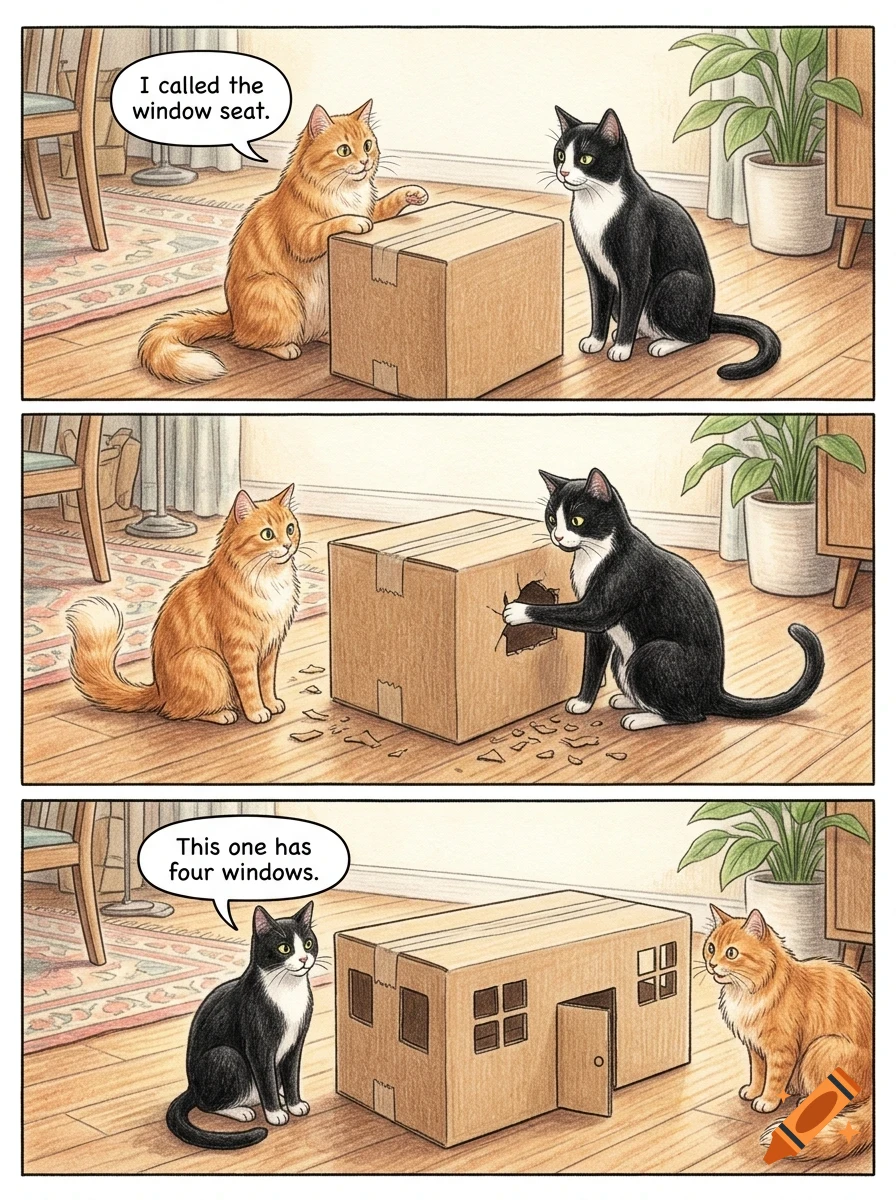 A comic strip with three panels showing an orange cat and a black and white cat interacting with a cardboard box, transforming it into a cat house with windows.