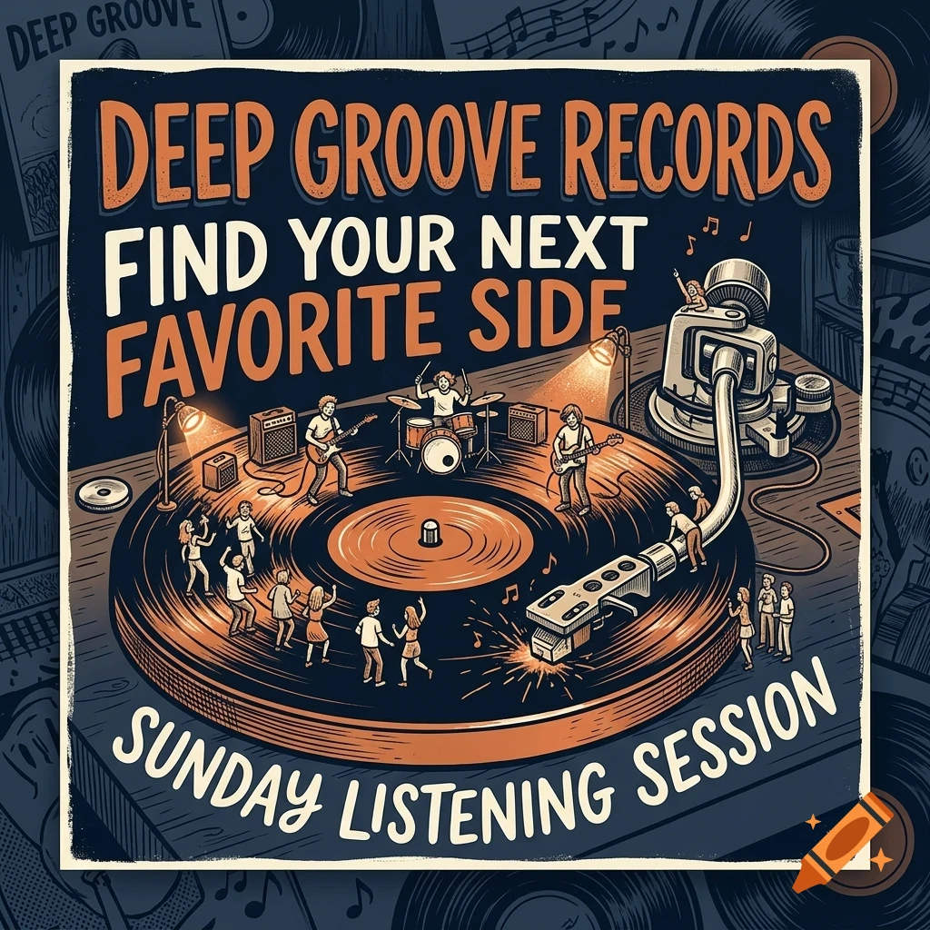 An illustrated poster for Deep Groove Records showing a vinyl record player with tiny musicians and people dancing on the record surface, accompanied by bold lettering.