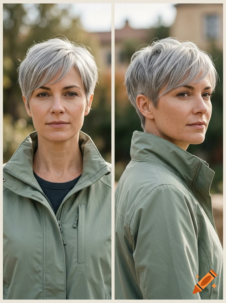 Portrait of a woman with short grey hair wearing a green jacket, shown from the front and profile.