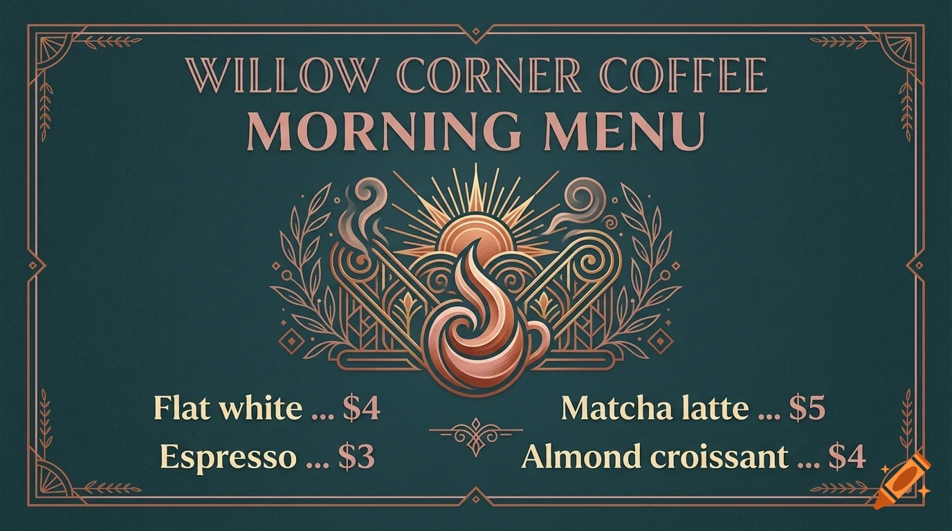 A stylized morning menu for Willow Corner Coffee with a coffee cup graphic, sunrise design, and listed prices.