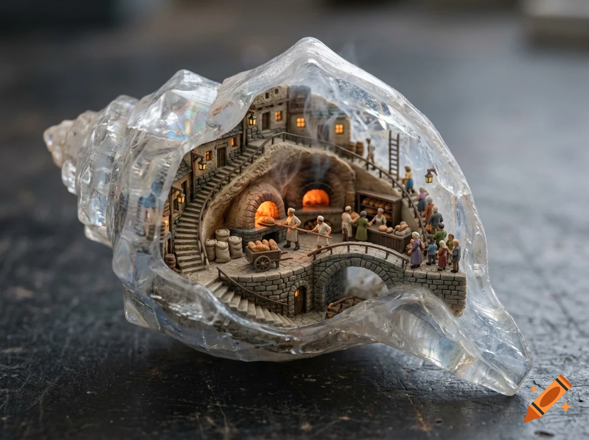 A miniature village with a bakery carved inside a hollow, transparent sea shell.