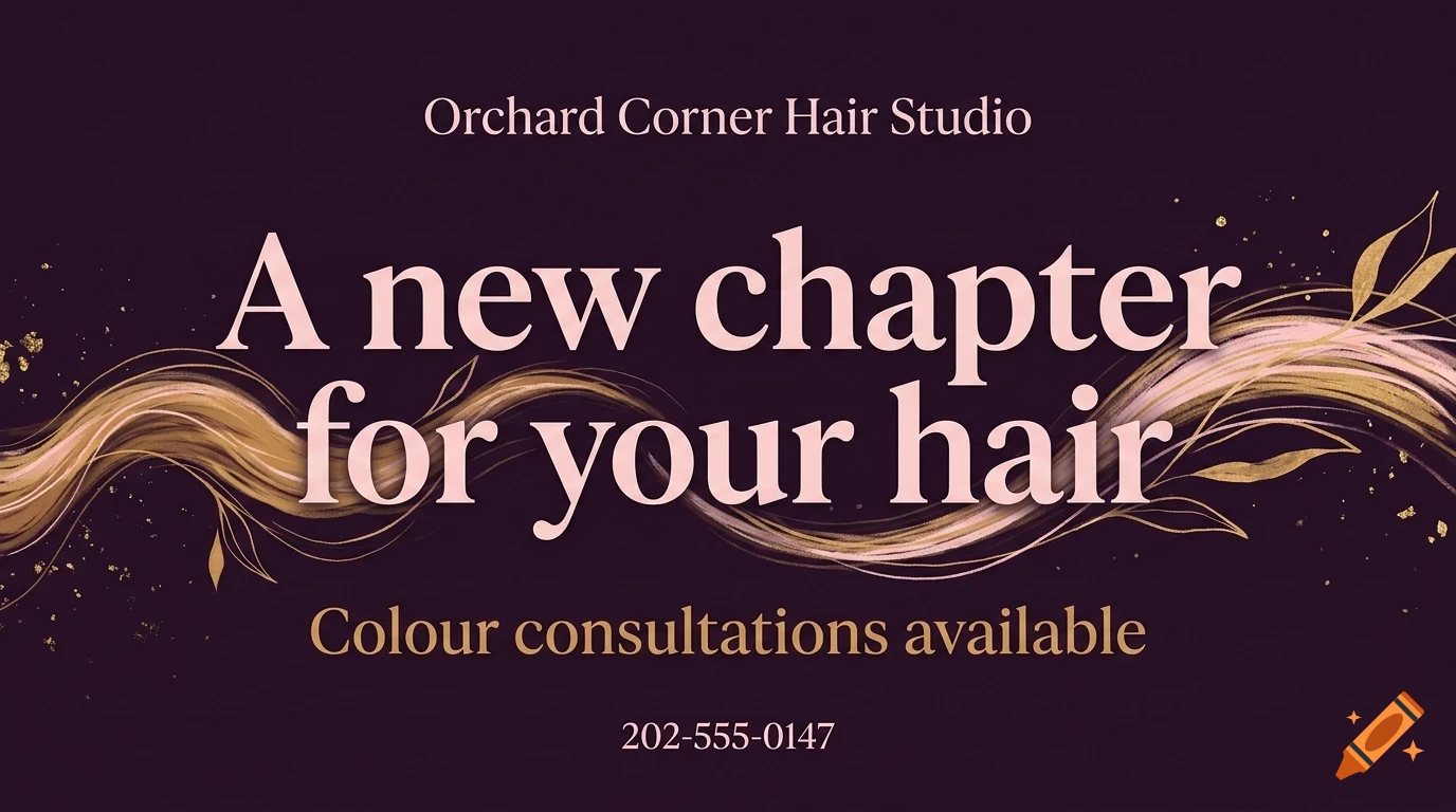 A promotional design for Orchard Corner Hair Studio with the text A new chapter for your hair, golden hair-like swirls, and contact info.