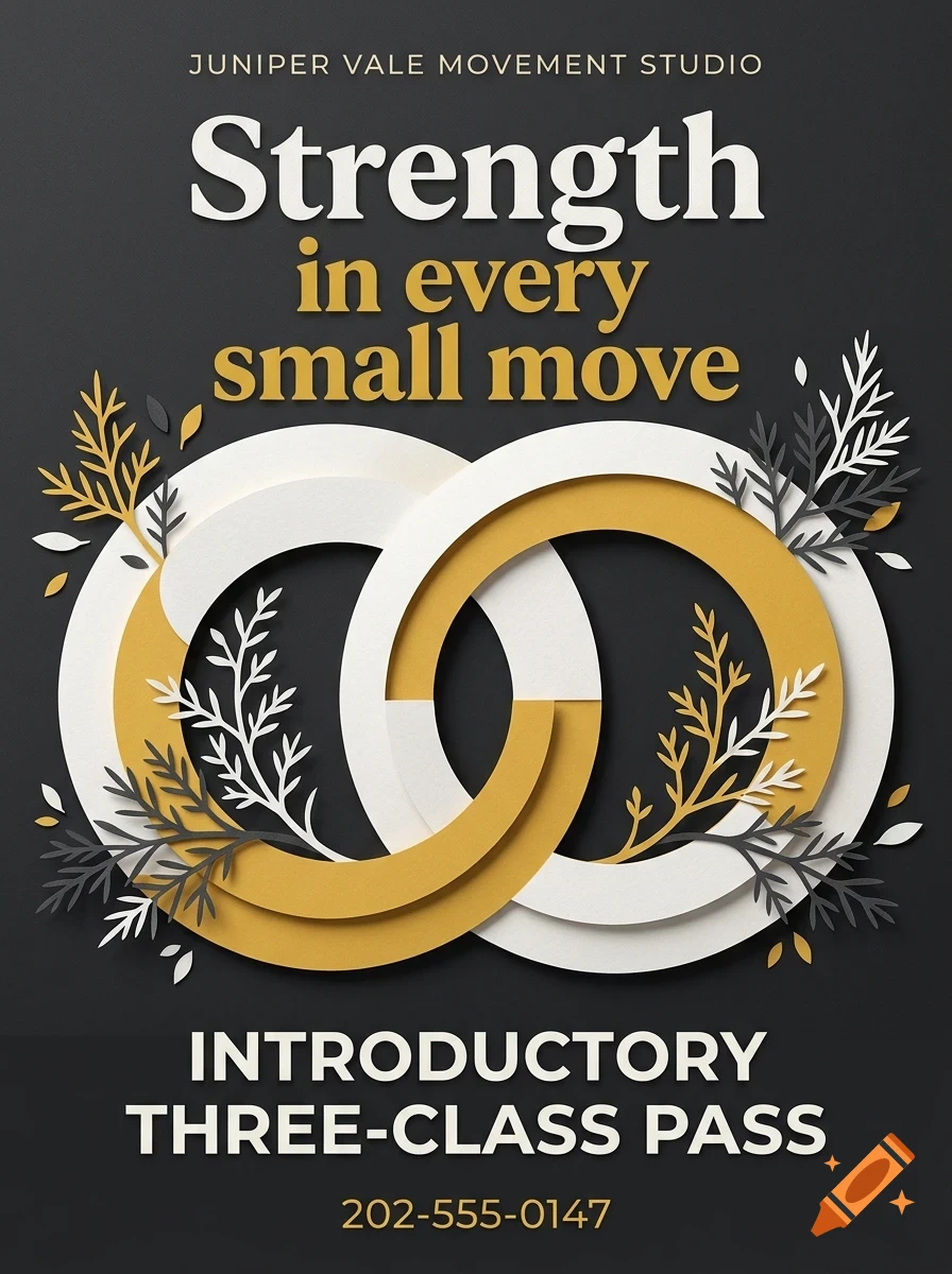 An advertisement design with white and gold overlapping circular shapes, leafy illustrations, and text reading Strength in every small move.