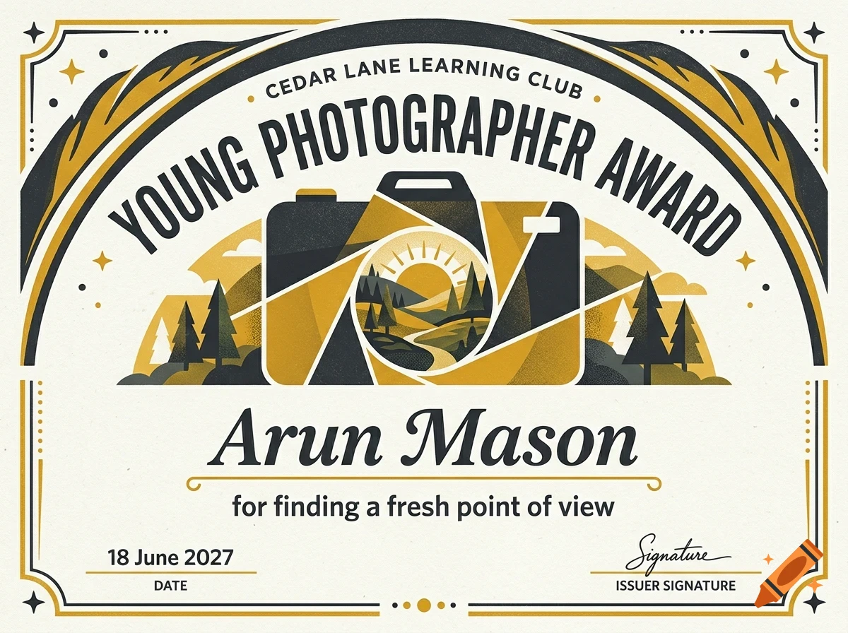 An award certificate featuring a camera illustration with a landscape inside the lens, typography reading Young Photographer Award and Arun Mason, decorated with a vintage border.
