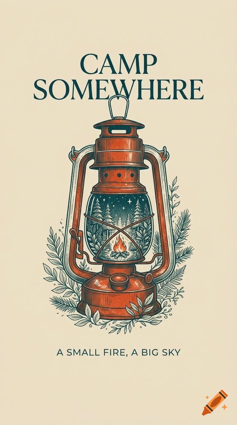 An illustration of a red camping lantern with a forest and campfire scene inside the glass, surrounded by foliage and text reading 'CAMP SOMEWHERE' and 'A SMALL FIRE, A BIG SKY'.