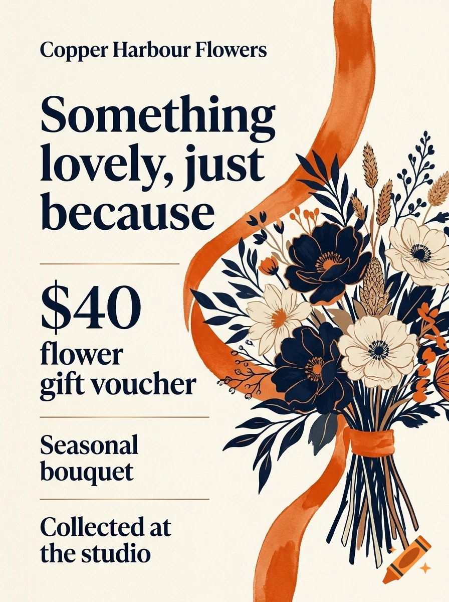 A flower gift voucher design with text and a bouquet of flowers tied with an orange ribbon.