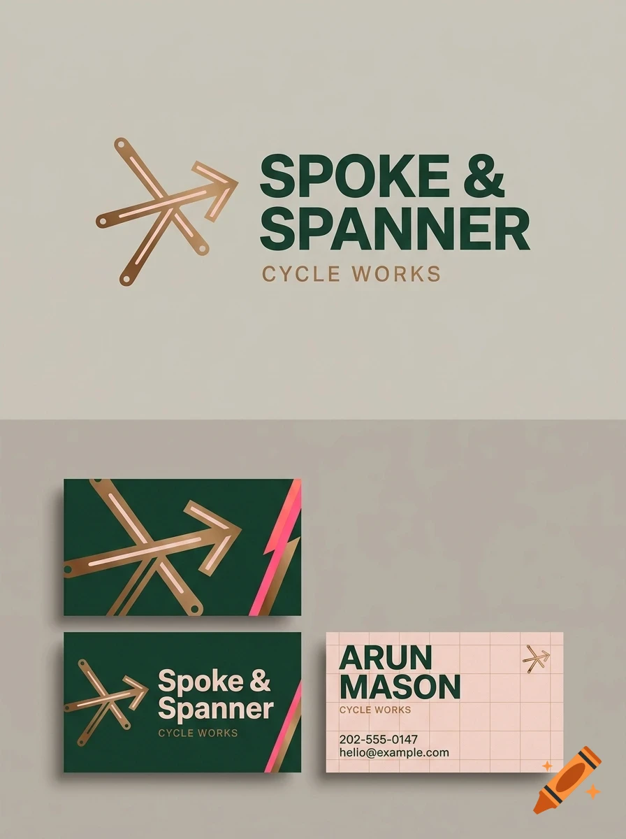 A branding mockup for Spoke & Spanner Cycle Works, featuring a logo, business cards, and typography in green and copper tones.