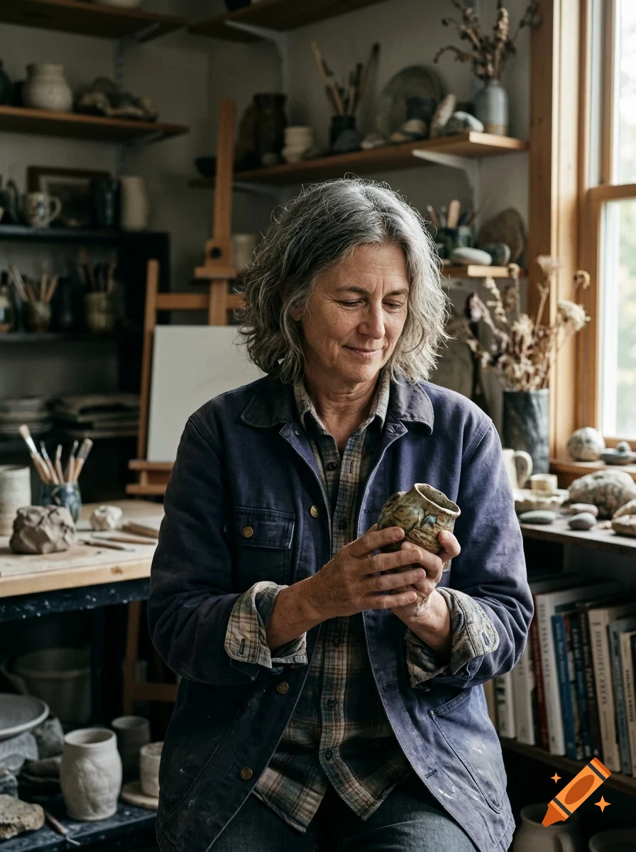 An older woman with grey hair holding a small ceramic cup in a pottery studio.
