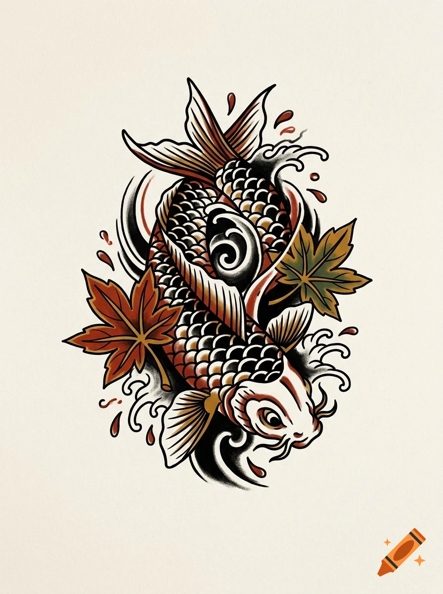 An illustration of a koi fish swimming amidst water ripples and maple leaves.