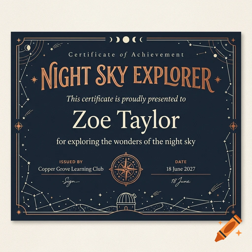 A celestial-themed certificate of achievement with dark blue background, gold lettering, and starry constellations.