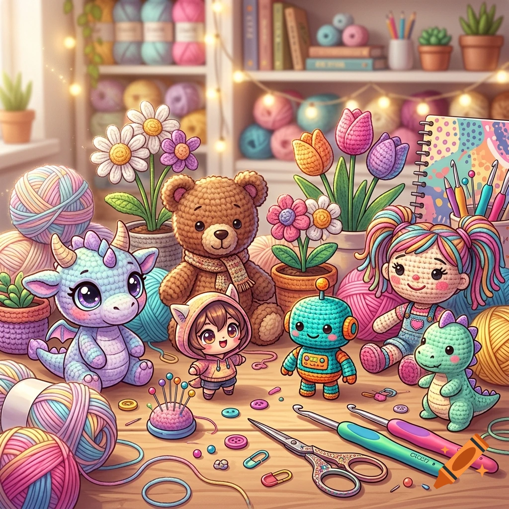 Colorful crochet toys including a teddy bear, dragon, doll, robot, and flowers arranged on a table with yarn.