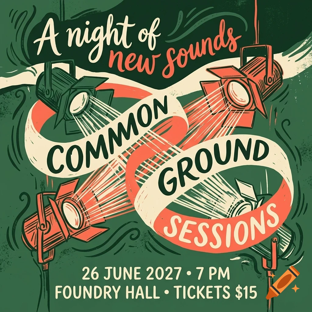 A poster illustration with stage spotlights and the text A night of new sounds Common Ground Sessions 26 June 2027.