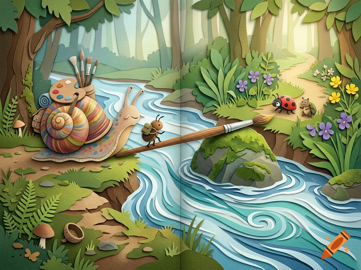 A stylized paper-craft illustration of a snail with art supplies crossing a stream on a paintbrush bridge in a forest.