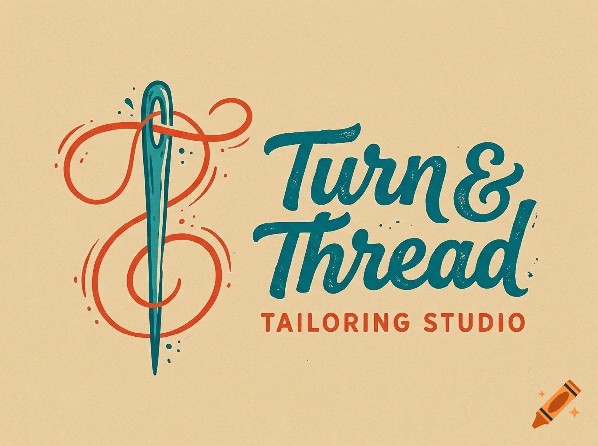 A logo for Turn & Thread Tailoring Studio featuring a large teal sewing needle with red thread looped through it alongside handwritten text.